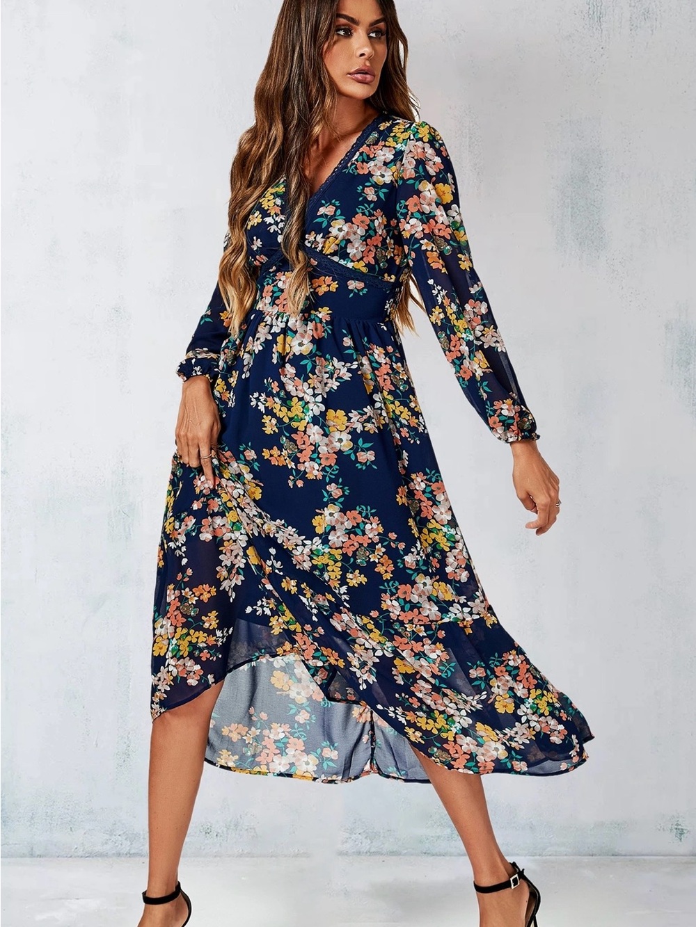 Floral V-Neck Navy Midi Dress - Elegant Long Sheer Sleeve